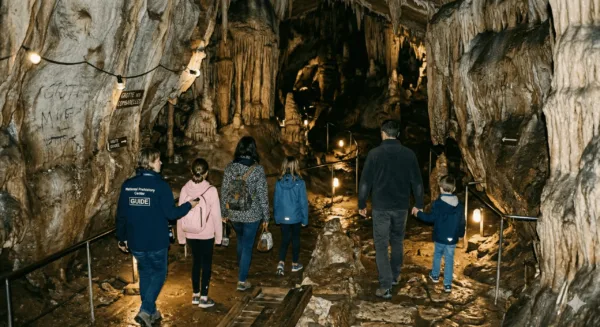 Una familia en una cueva con un guía