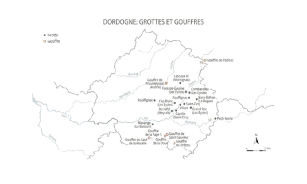 Mapa de la Dordoña con las cuevas y los abismos